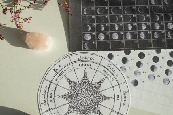 Aesthetic top view of a moon phases calendar with crystals and flowers on a desk.
