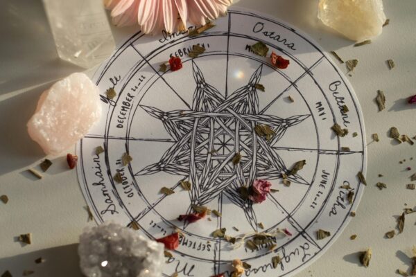 Top view of a mystical floral arrangement with the Wheel of the Year surrounded by petals and crystals, capturing natural beauty.